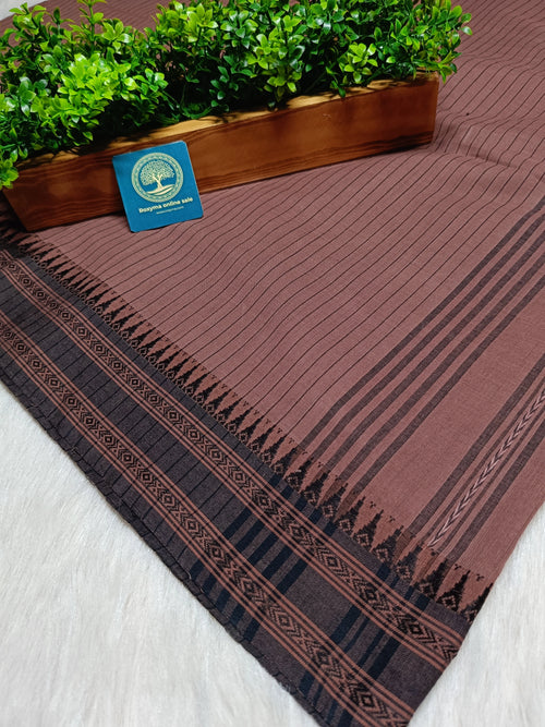 Authentic Begumpur Handwoven Cotton Saree in Earthy Brown with Traditional Black Border | Lightweight Bengal Handloom Saree