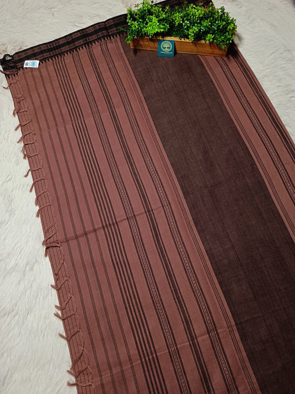 Authentic Begumpur Handwoven Cotton Saree in Earthy Brown with Traditional Black Border | Lightweight Bengal Handloom Saree