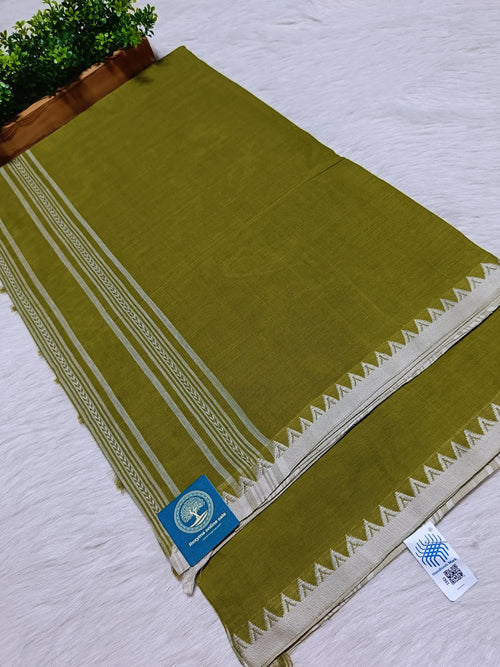 Authentic Begumpuri Handwoven Pure Cotton Saree in Olive Green with Traditional Begumpuri Border
