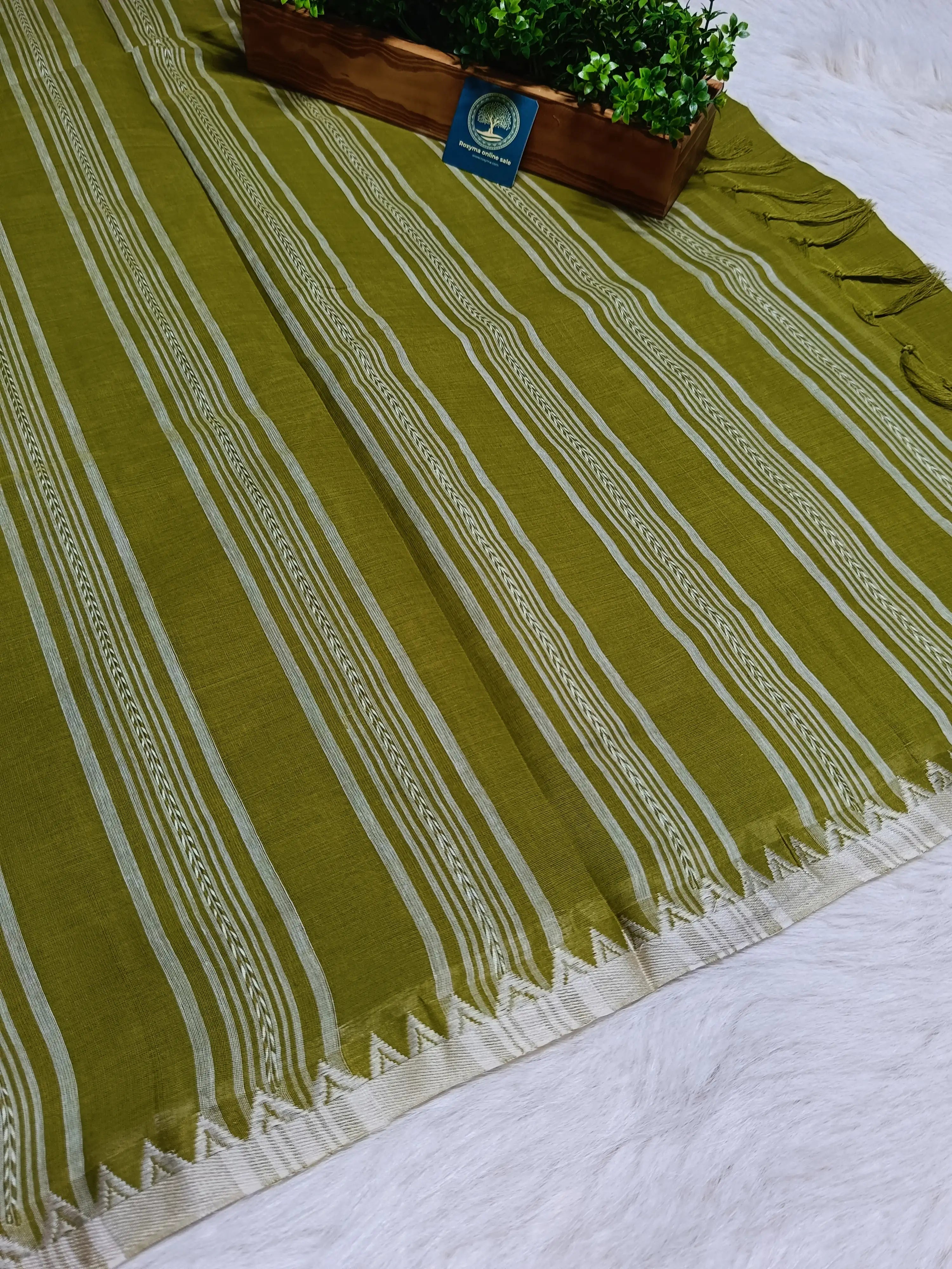 Authentic Begumpuri Handwoven Pure Cotton Saree in Olive Green with Traditional Begumpuri Border