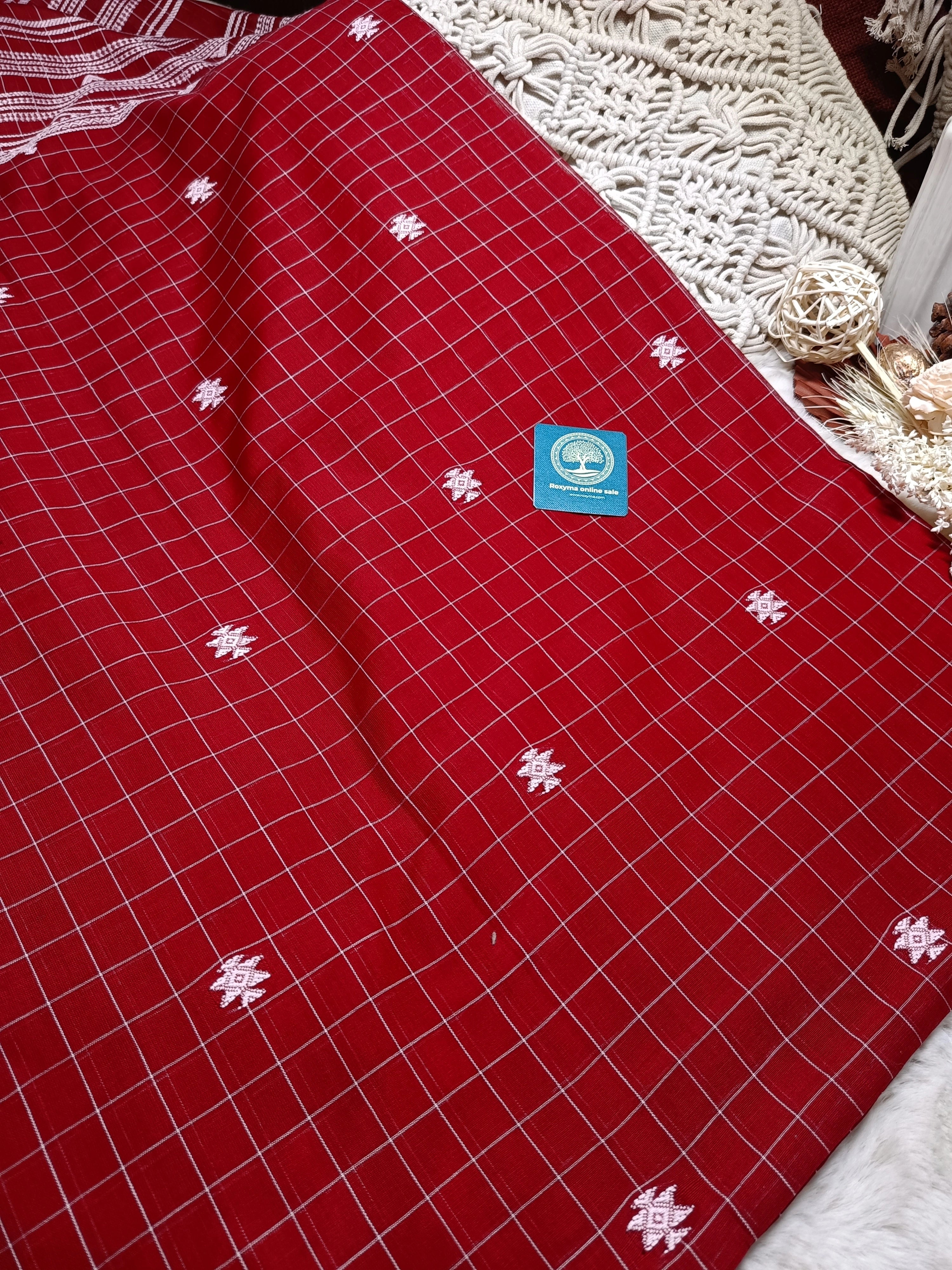 Authentic Bengal Handwoven Bhujuri Style Cotton Saree with Blouse Piece | Traditional Red Handloom Saree