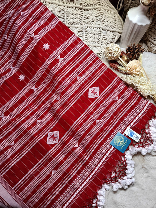 Authentic Bengal Handwoven Bhujuri Style Cotton Saree with Blouse Piece | Traditional Red Handloom Saree