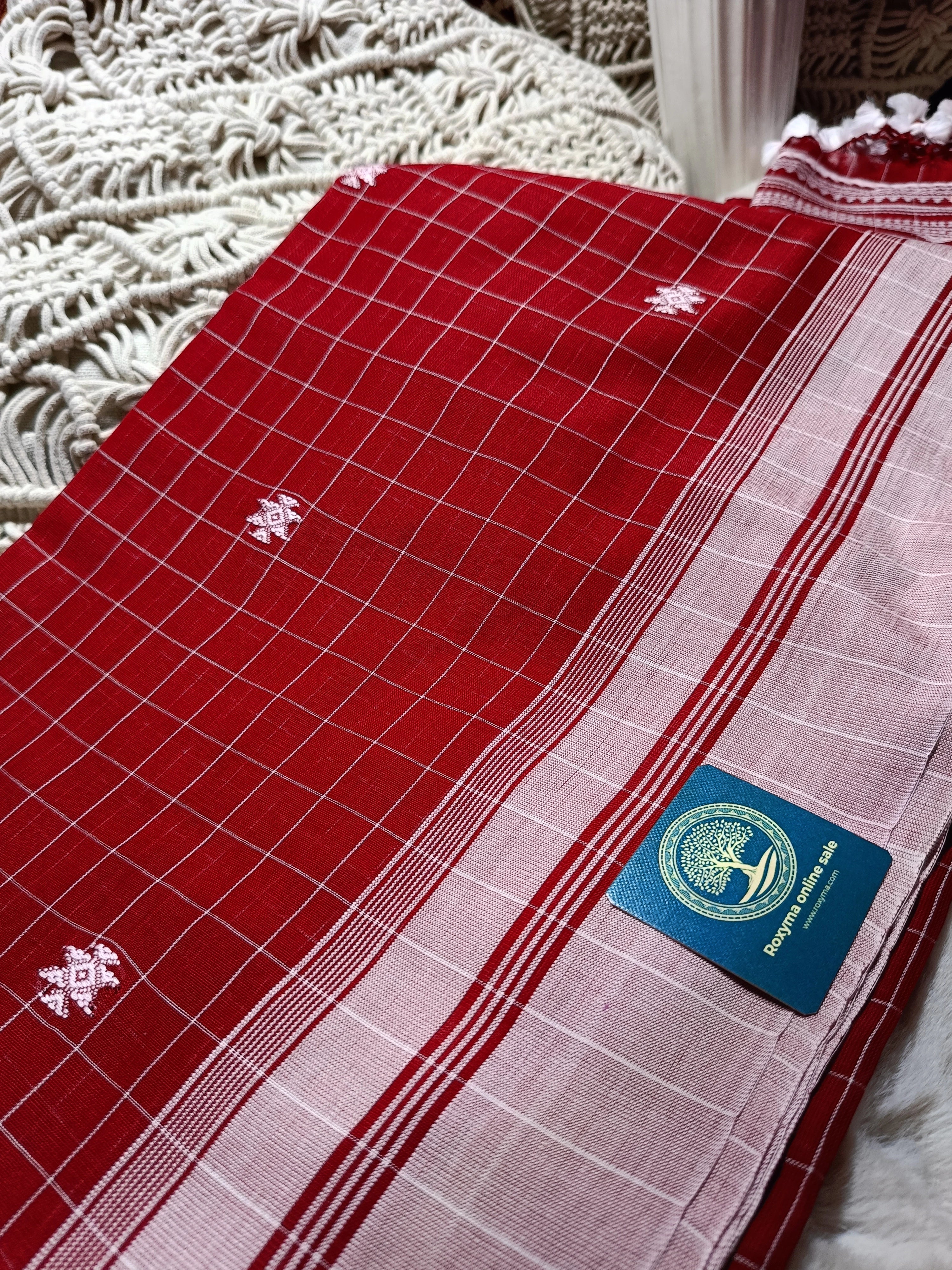 Authentic Bengal Handwoven Bhujuri Style Cotton Saree with Blouse Piece | Traditional Red Handloom Saree