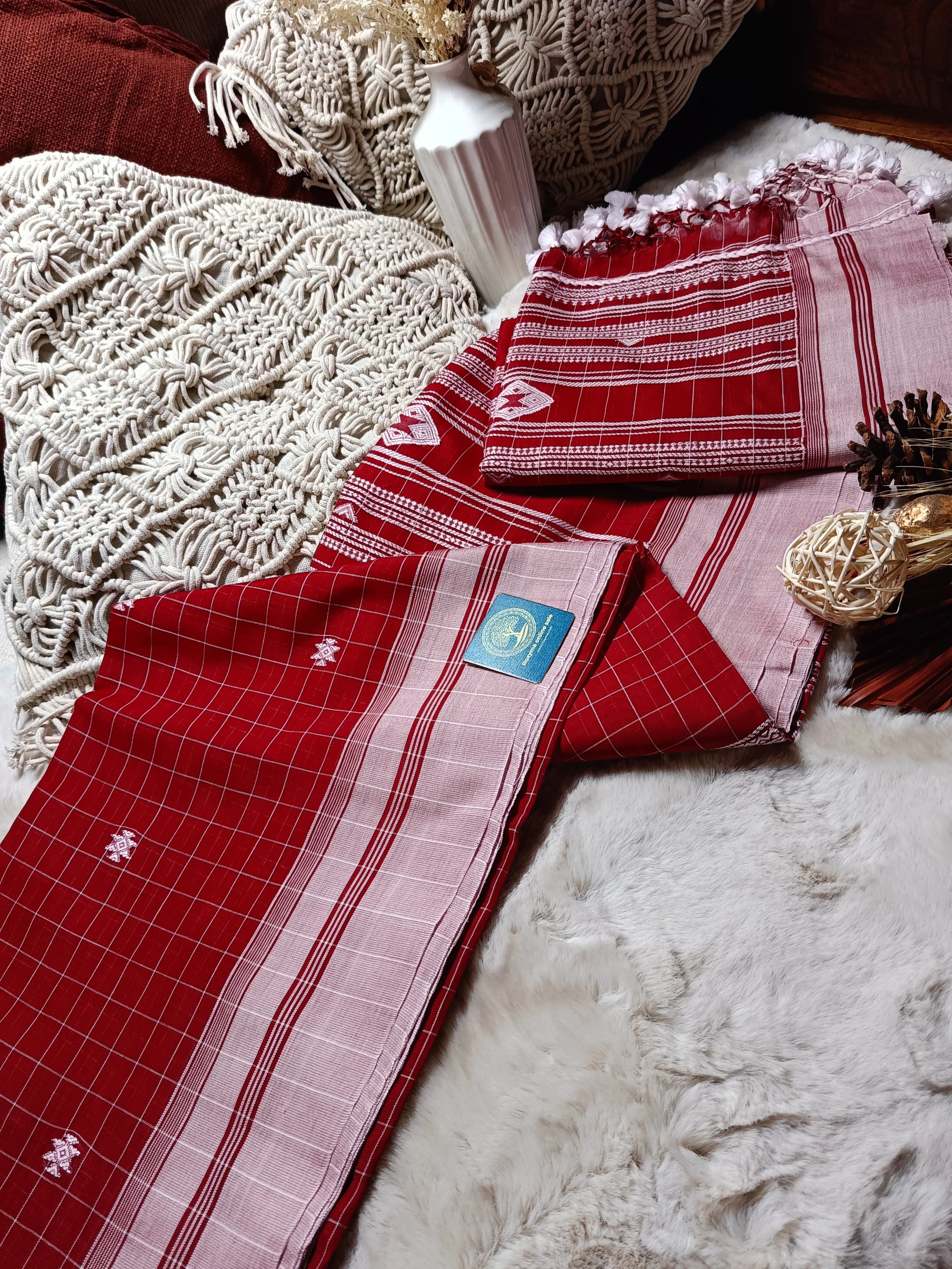 Authentic Bengal Handwoven Bhujuri Style Cotton Saree with Blouse Piece | Traditional Red Handloom Saree