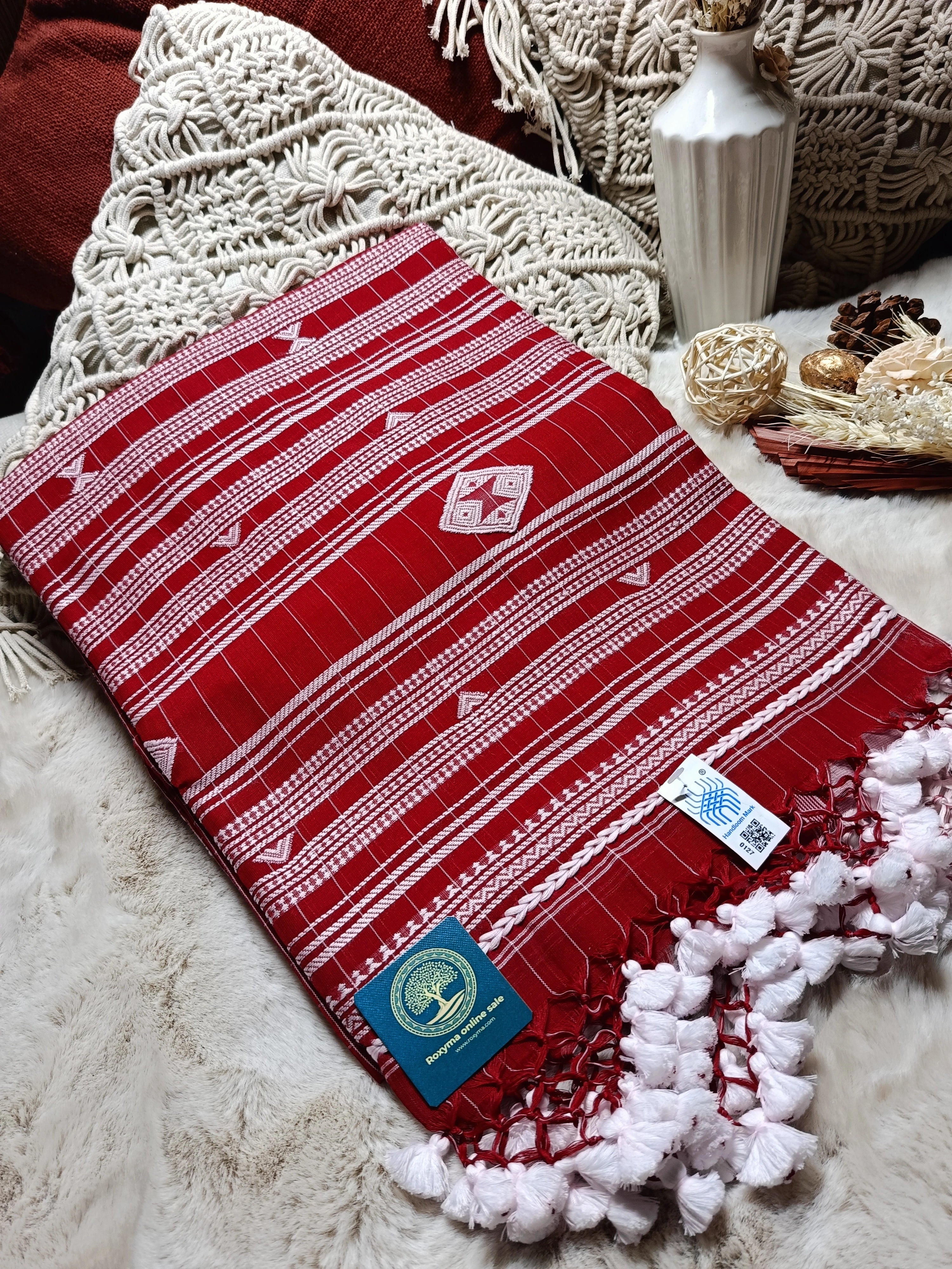 Authentic Bengal Handwoven Bhujuri Style Cotton Saree with Blouse Piece | Traditional Red Handloom Saree