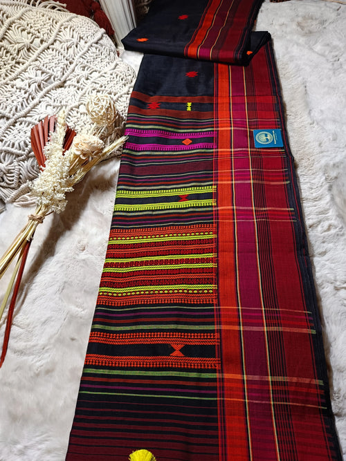 Authentic Bengal Handwoven Bhujuri Style Cotton Saree with Blouse Piece | Multicolor Striped Handloom Saree with Tassels