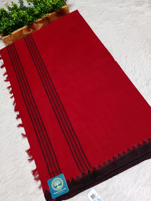 Authentic Begumpuri Handwoven Pure Cotton Saree in Royal Red with Traditional Temple Border