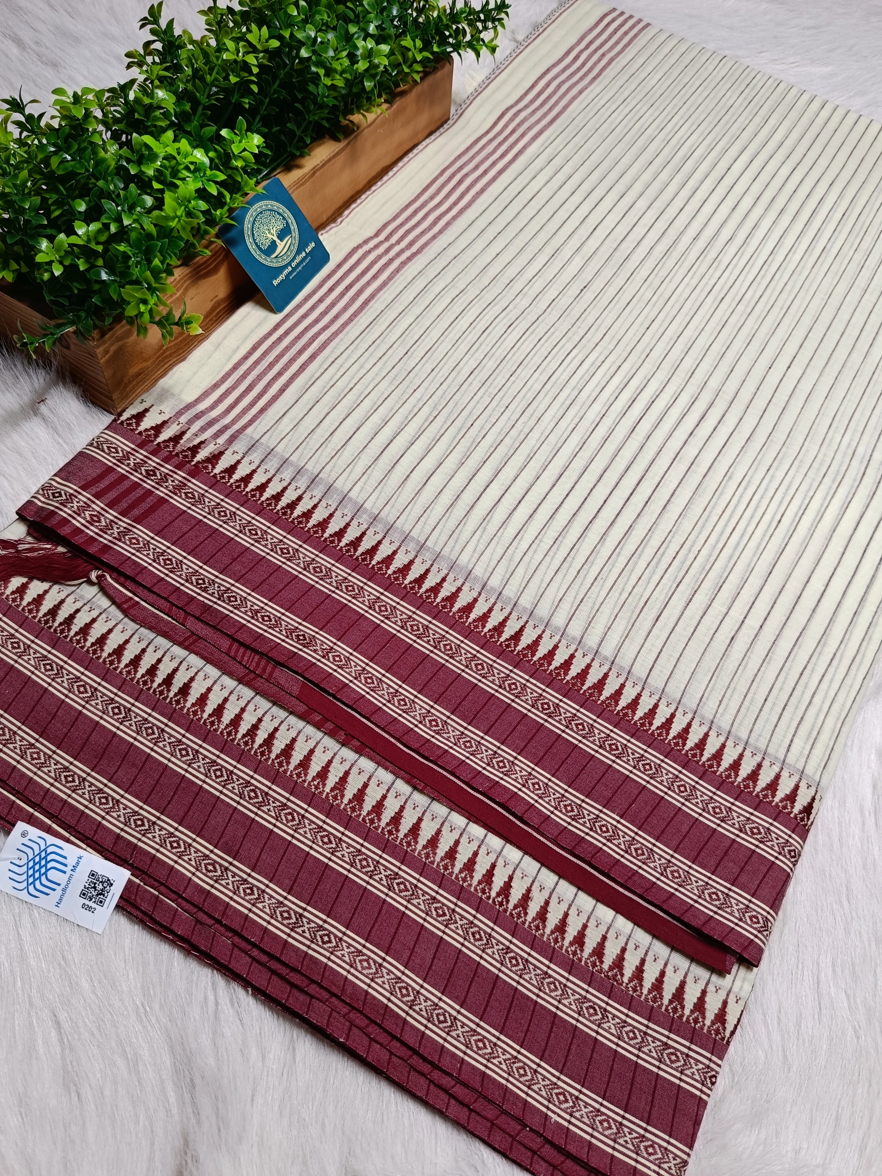Begumpur Cotton Handloom Saree with Full Body Stripes and Handwoven Naksha Border | Authentic Bengal Handloom