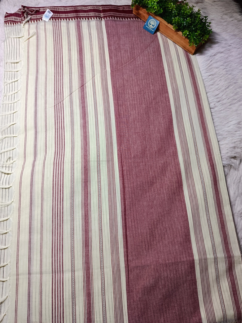 Begumpur Cotton Handloom Saree with Full Body Stripes and Handwoven Naksha Border | Authentic Bengal Handloom