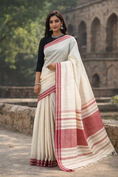 Begumpur Cotton Handloom Saree with Full Body Stripes and Handwoven Naksha Border | Authentic Bengal Handloom 2