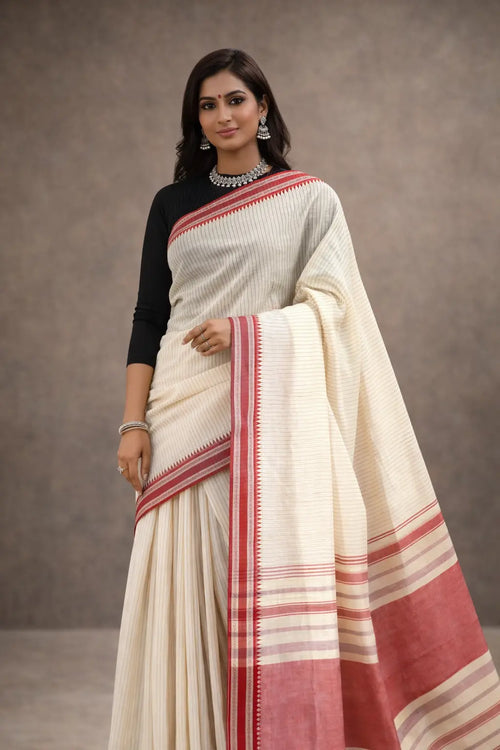 Begumpur Cotton Handloom Saree with Full Body Stripes and Handwoven Naksha Border | Authentic Bengal Handloom 3