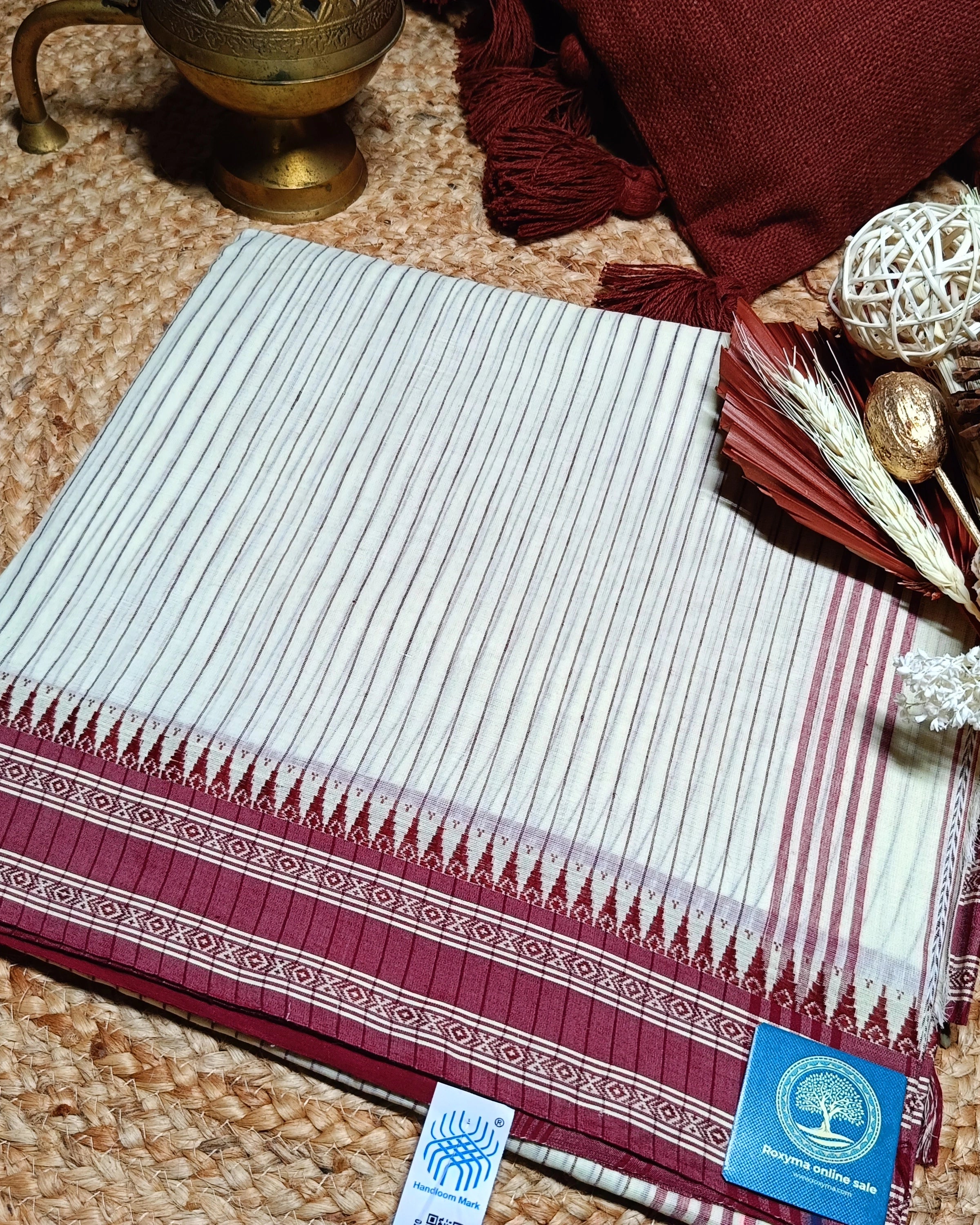Begumpur Cotton Handloom Saree with Full Body Stripes and Handwoven Naksha Border | Authentic Bengal Handloom