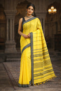 Yellow Begumpur Handwoven Cotton Saree with Grey Border | Traditional Bengal Handloom Saree