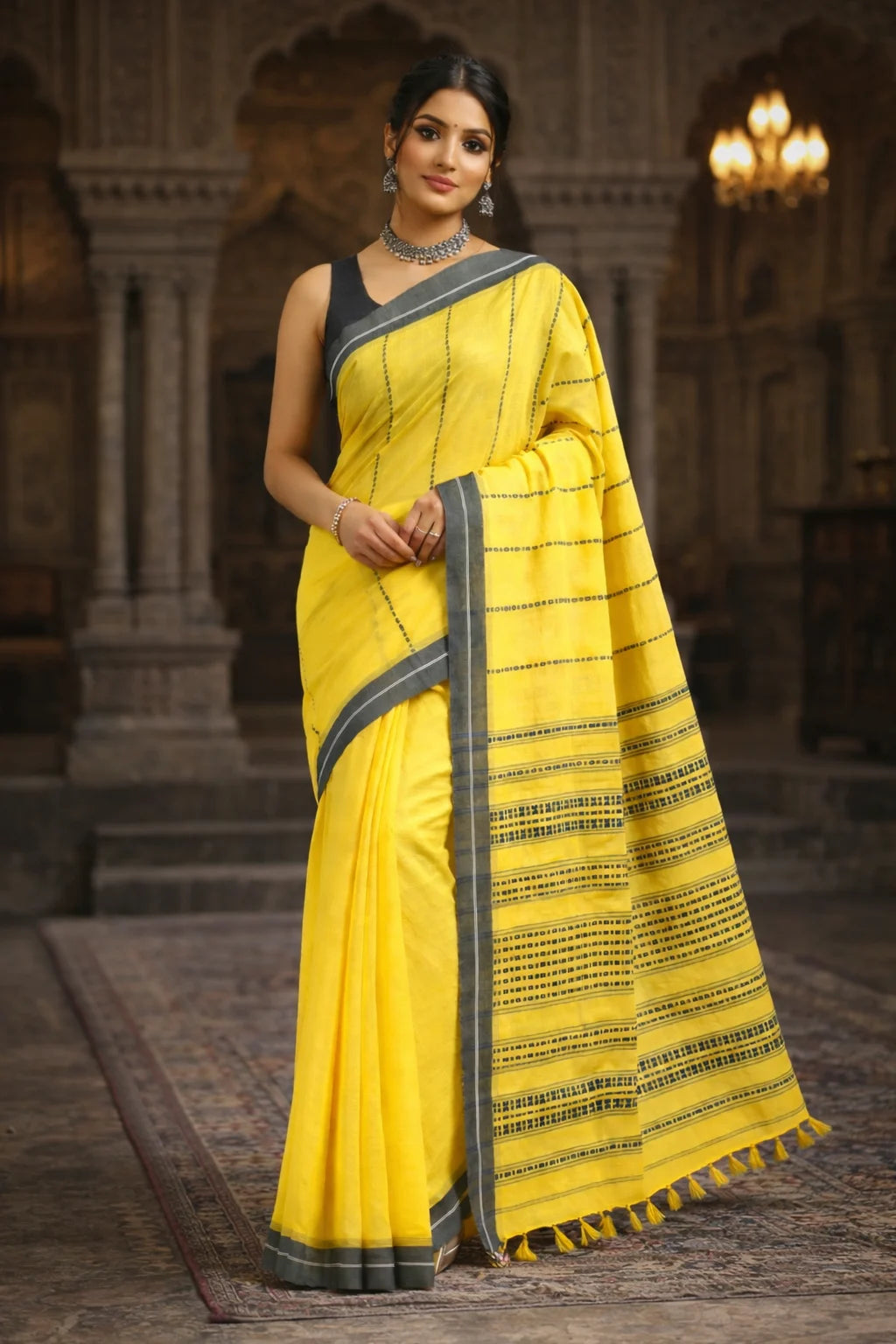 Yellow Begumpur Handwoven Cotton Saree with Grey Border | Traditional Bengal Handloom Saree