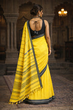 Yellow Begumpur Handwoven Cotton Saree with Grey Border | Traditional Bengal Handloom Saree 2