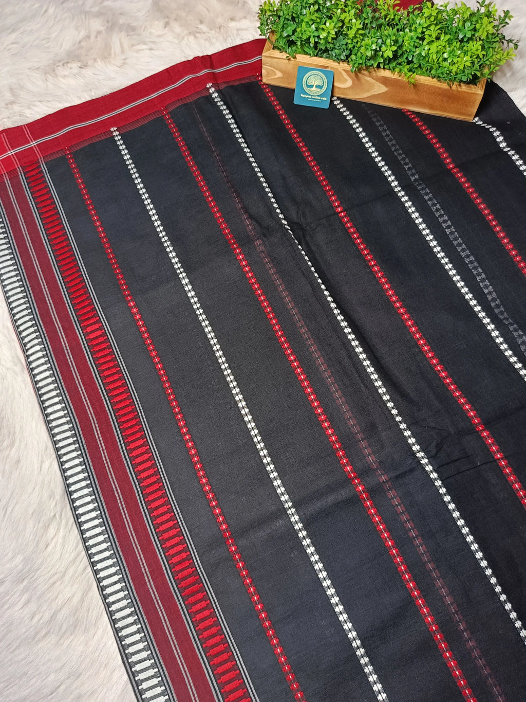 Begumpur Handwoven Cotton Saree – Black & Red Traditional Begumpuri Weave | Lightweight Bengal Handloom Saree