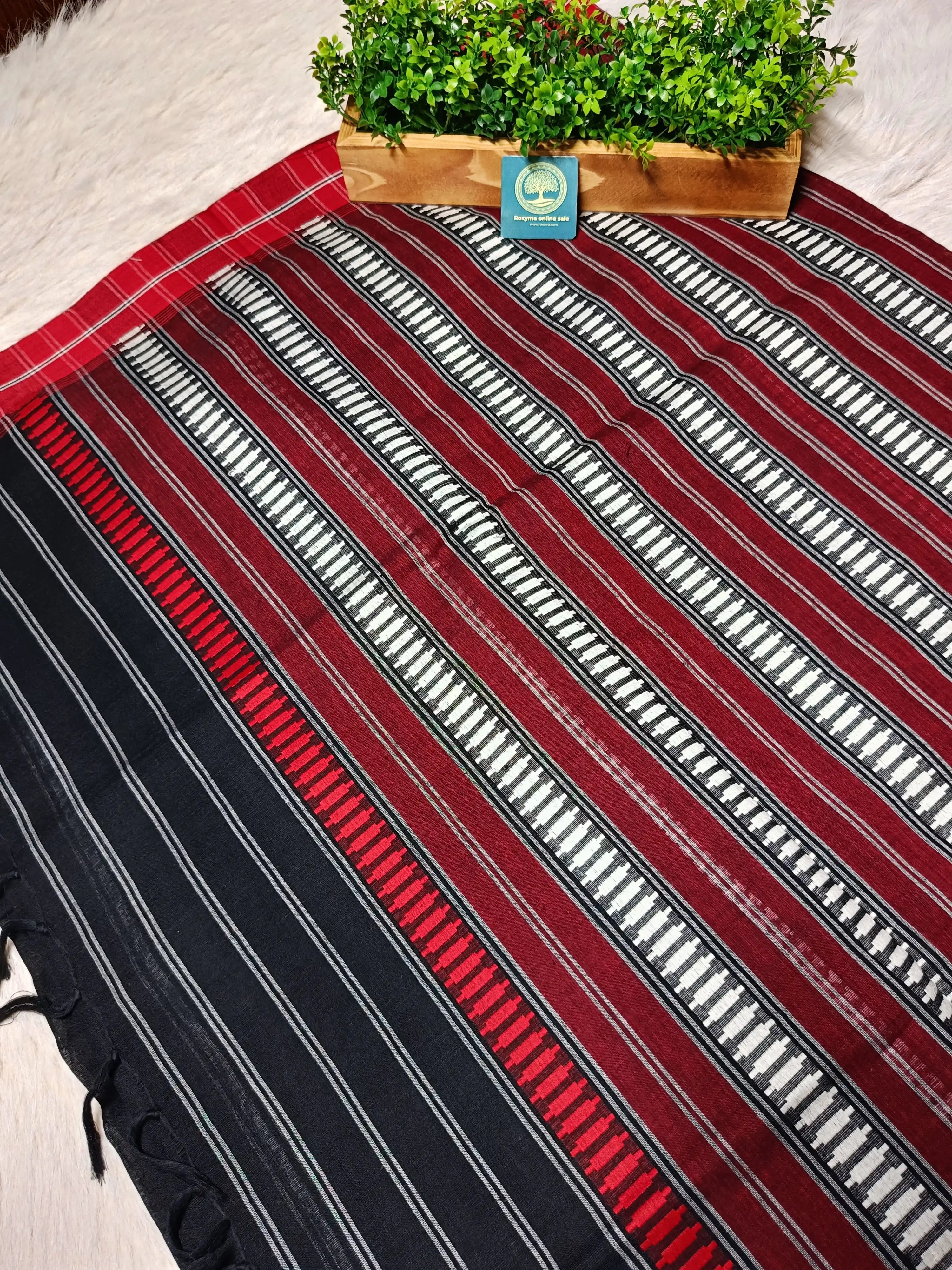 Begumpur Handwoven Cotton Saree – Black & Red Traditional Begumpuri Weave | Lightweight Bengal Handloom Saree