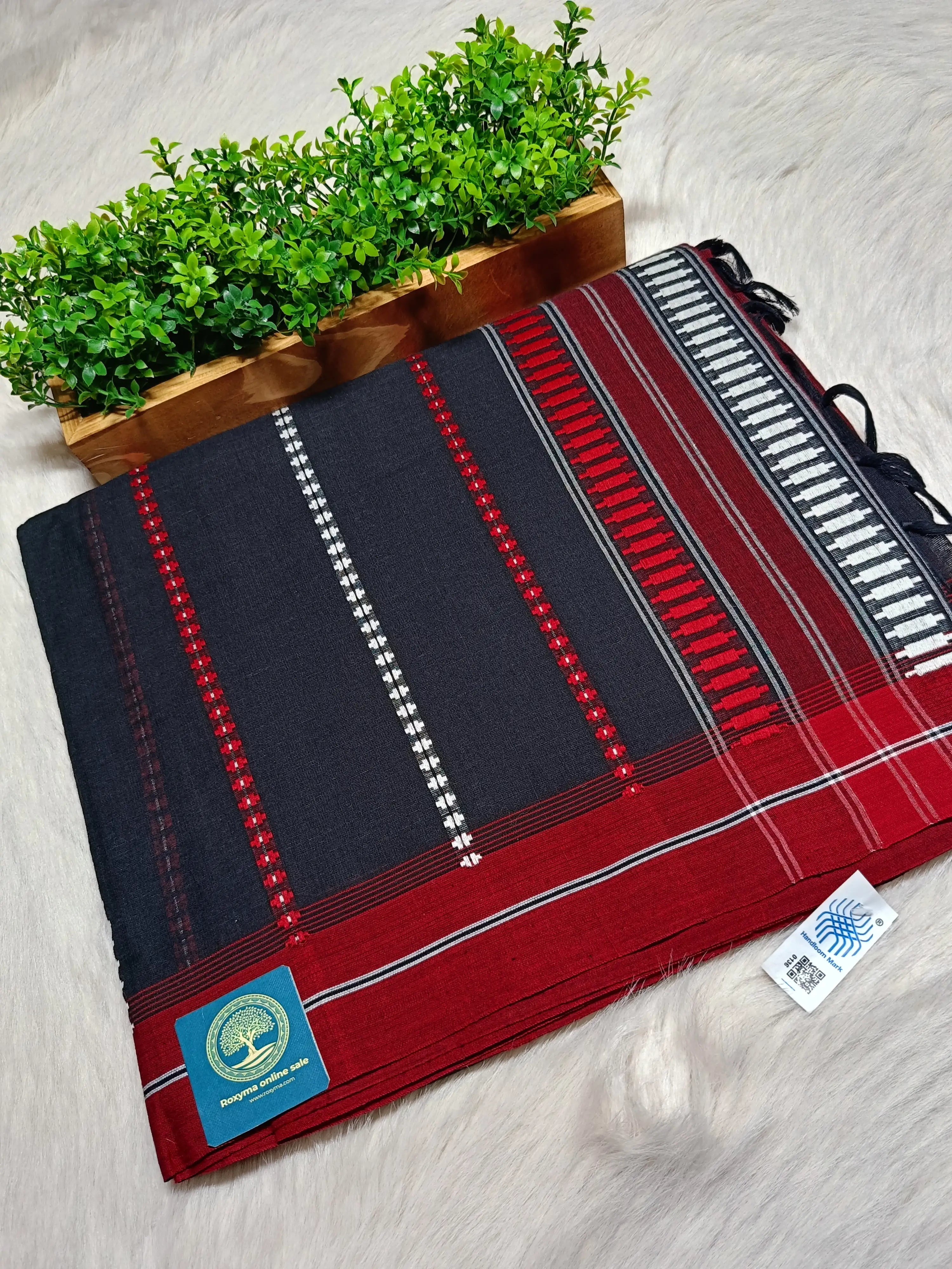 Begumpur Handwoven Cotton Saree – Black & Red Traditional Begumpuri Weave | Lightweight Bengal Handloom Saree