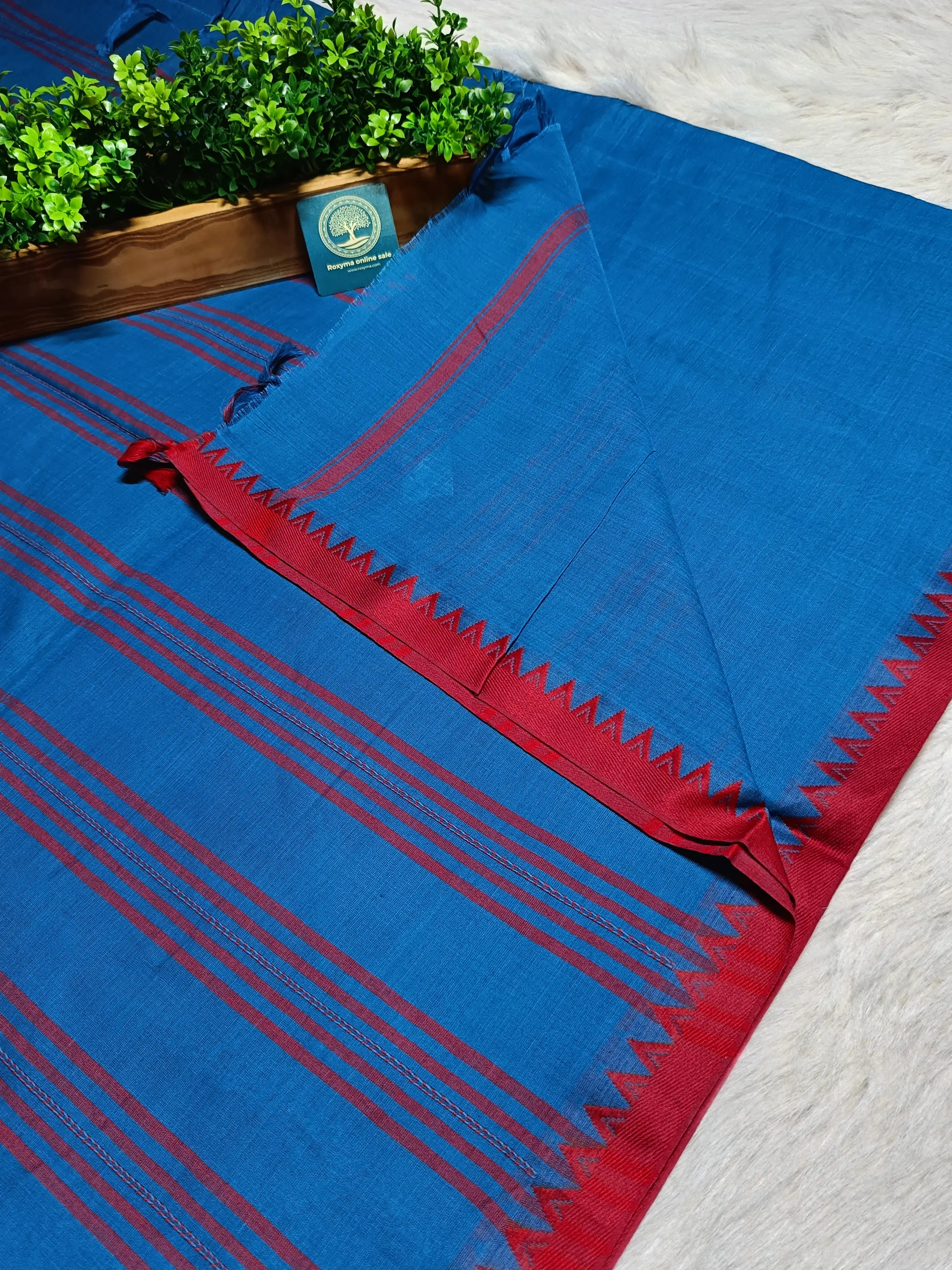 Begumpur Handwoven Pure Cotton Saree in Royal Blue with Red Begumpuri Border | Traditional Bengal Handloom Saree