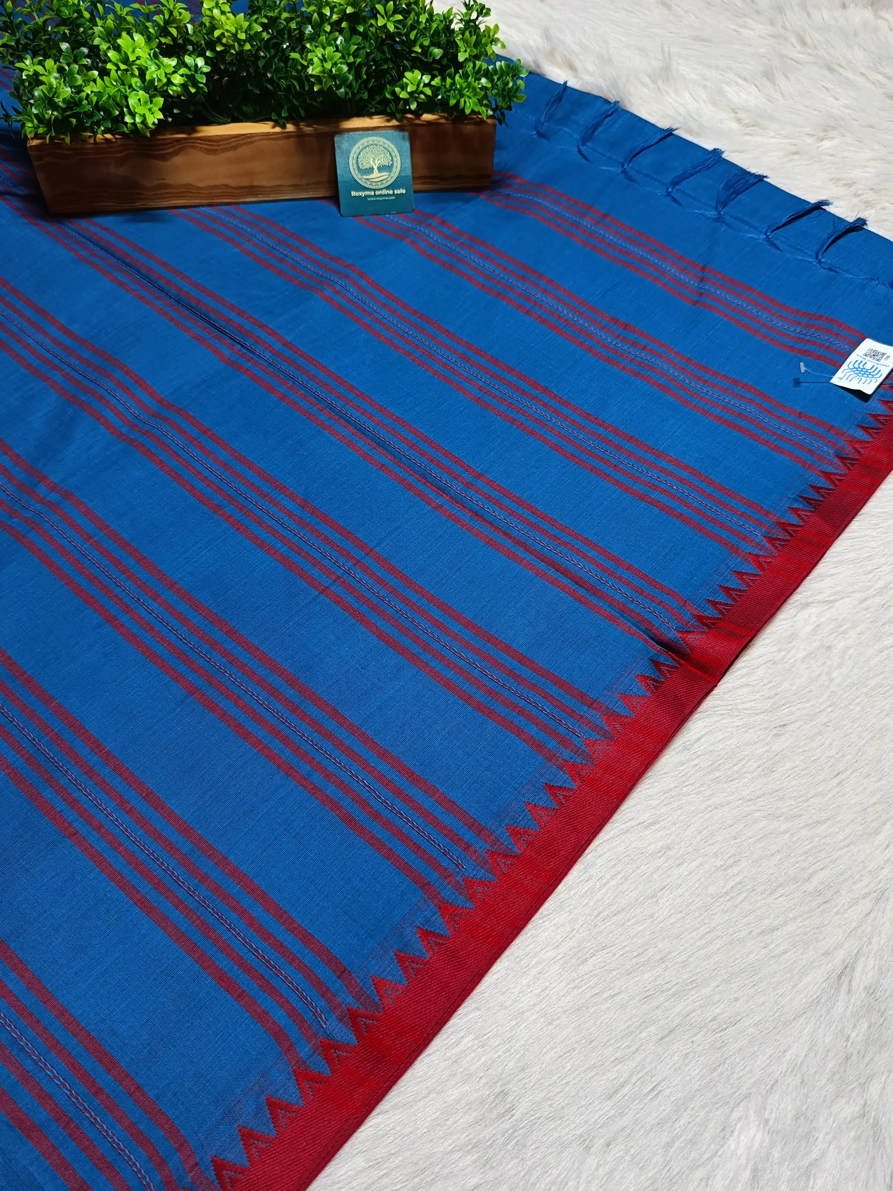 Begumpur Handwoven Pure Cotton Saree in Royal Blue with Red Begumpuri Border | Traditional Bengal Handloom Saree