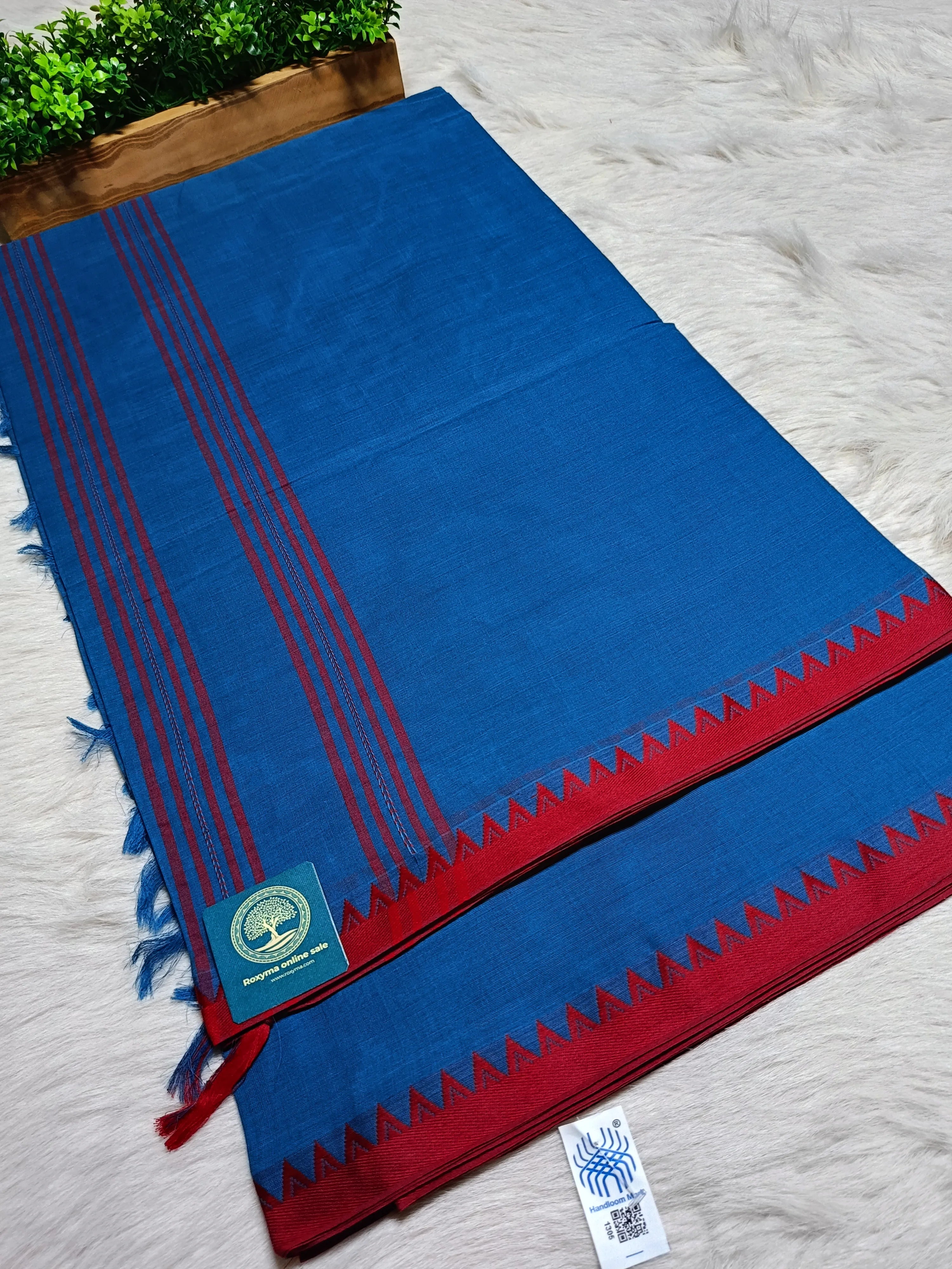 Begumpur Handwoven Pure Cotton Saree in Royal Blue with Red Begumpuri Border | Traditional Bengal Handloom Saree