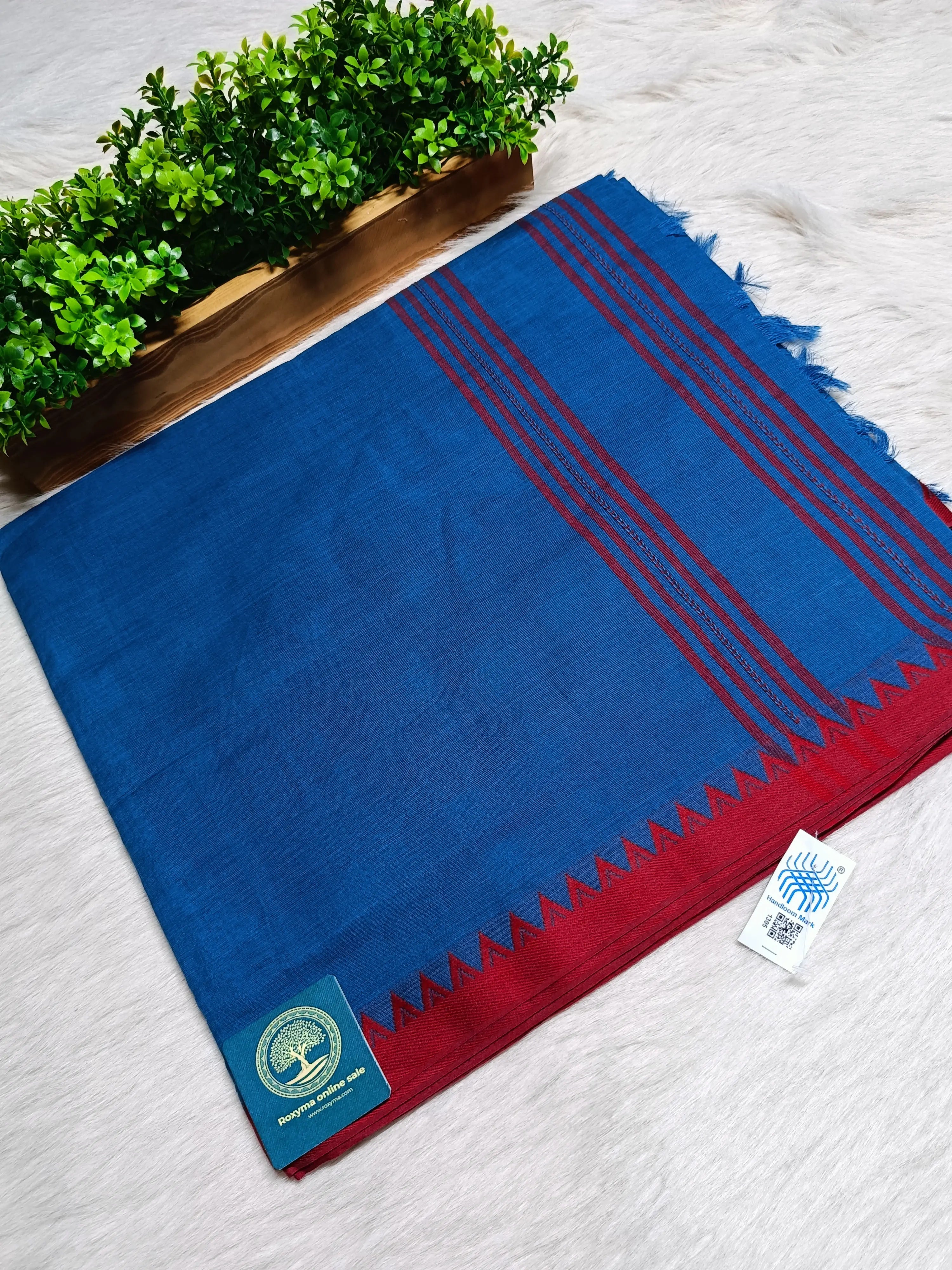 Begumpur Handwoven Pure Cotton Saree in Royal Blue with Red Begumpuri Border | Traditional Bengal Handloom Saree