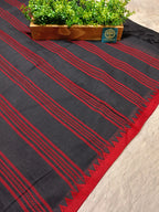 Begumpur Handwoven Pure Cotton Saree with Traditional Begumpuri Border | Black & Red Striped Handloom Saree