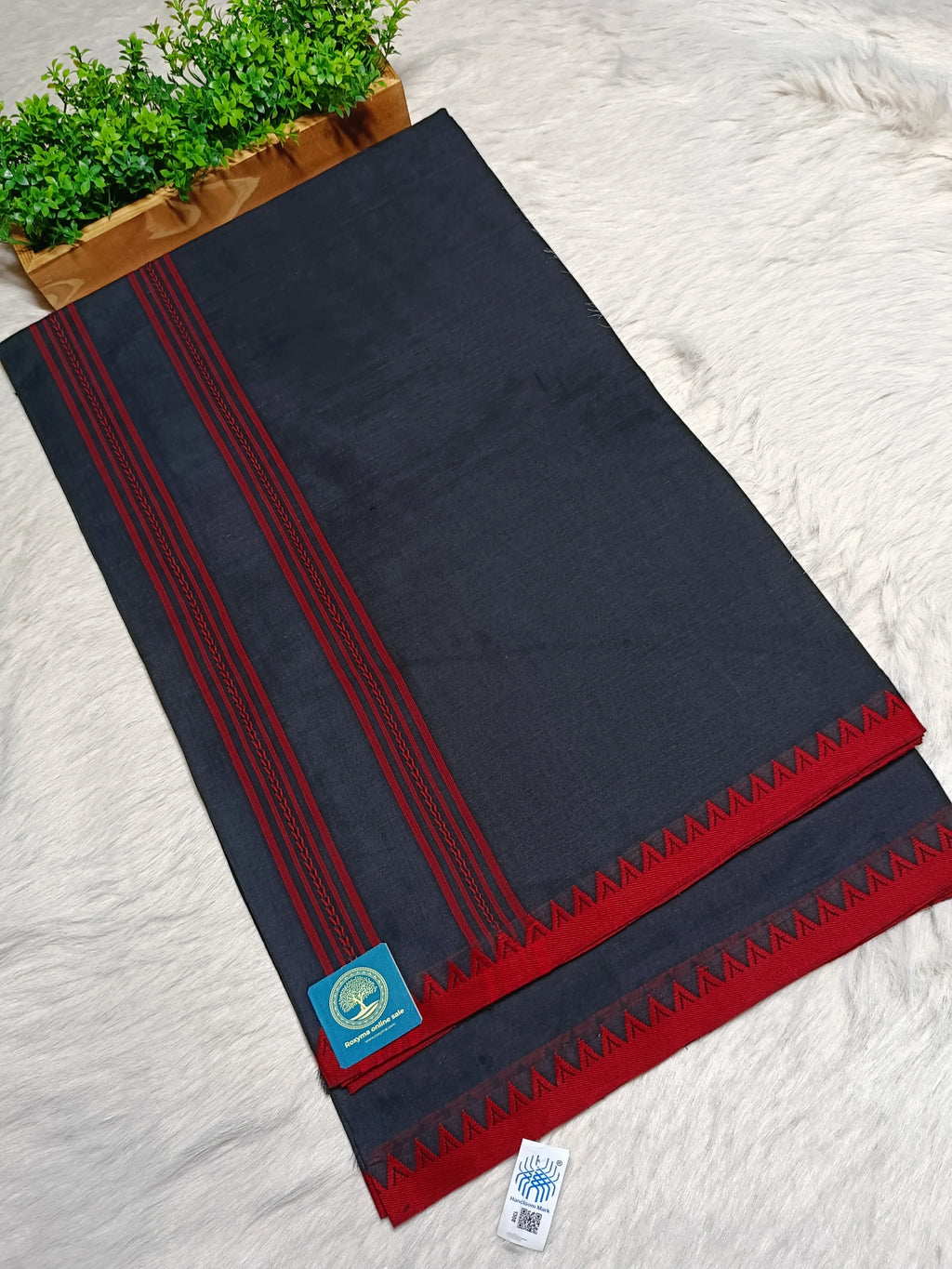 Begumpur Handwoven Pure Cotton Saree with Traditional Begumpuri Border | Black & Red Striped Handloom Saree