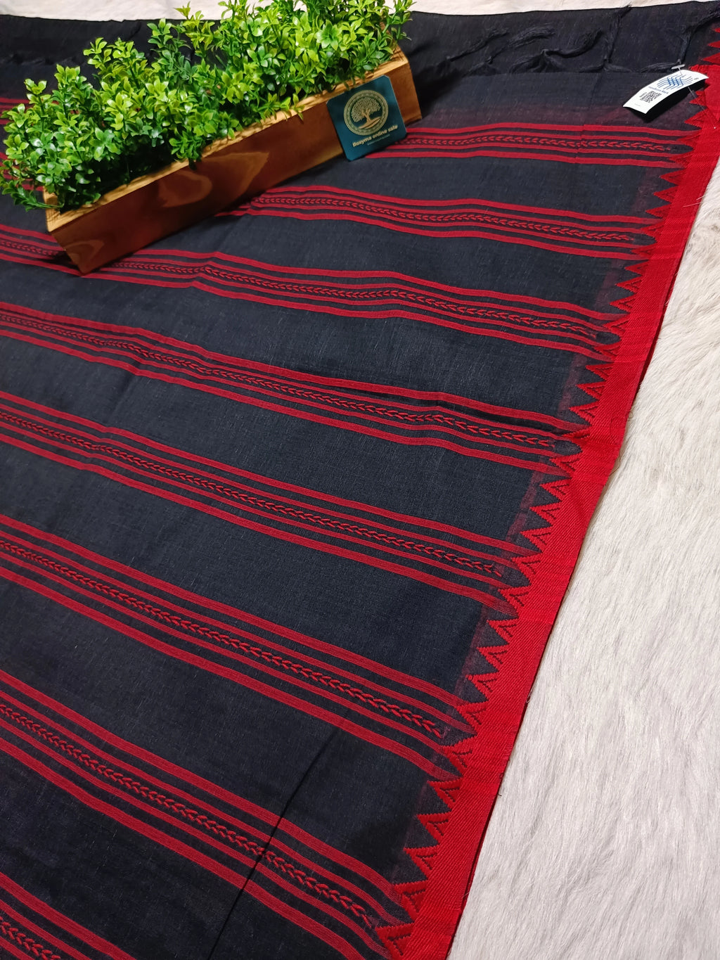 Begumpur Handwoven Pure Cotton Saree with Traditional Begumpuri Border | Black & Red Striped Handloom Saree