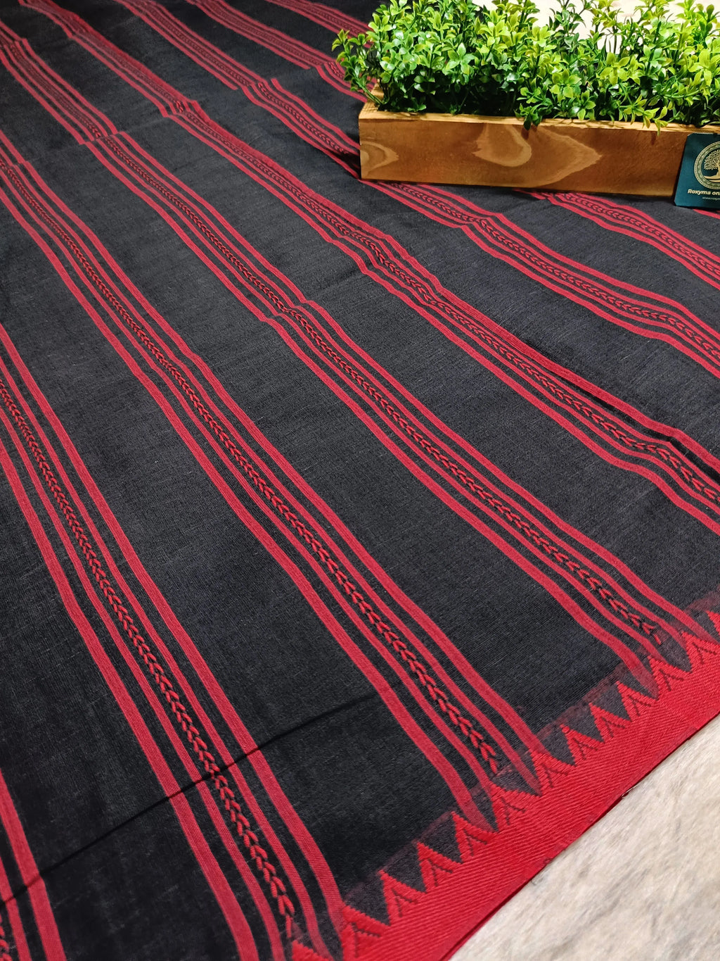 Begumpur Handwoven Pure Cotton Saree with Traditional Begumpuri Border | Black & Red Striped Handloom Saree
