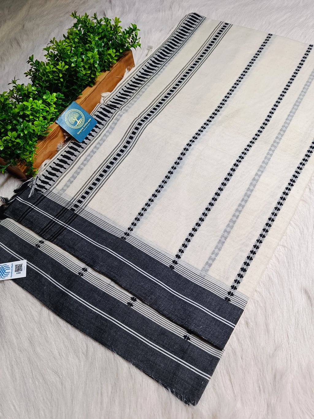Classic Off-White Begumpur Handwoven Cotton Saree with Black Stripes & Contrast Border | Bengal Handloom Saree