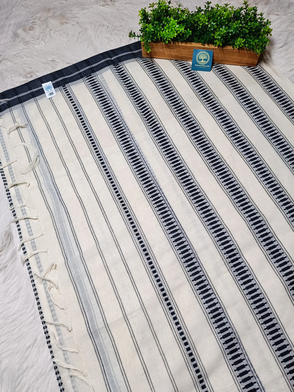 Classic Off-White Begumpur Handwoven Cotton Saree with Black Stripes & Contrast Border | Bengal Handloom Saree