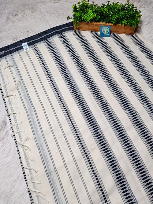 Classic Off-White Begumpur Handwoven Cotton Saree with Black Stripes & Contrast Border | Bengal Handloom Saree