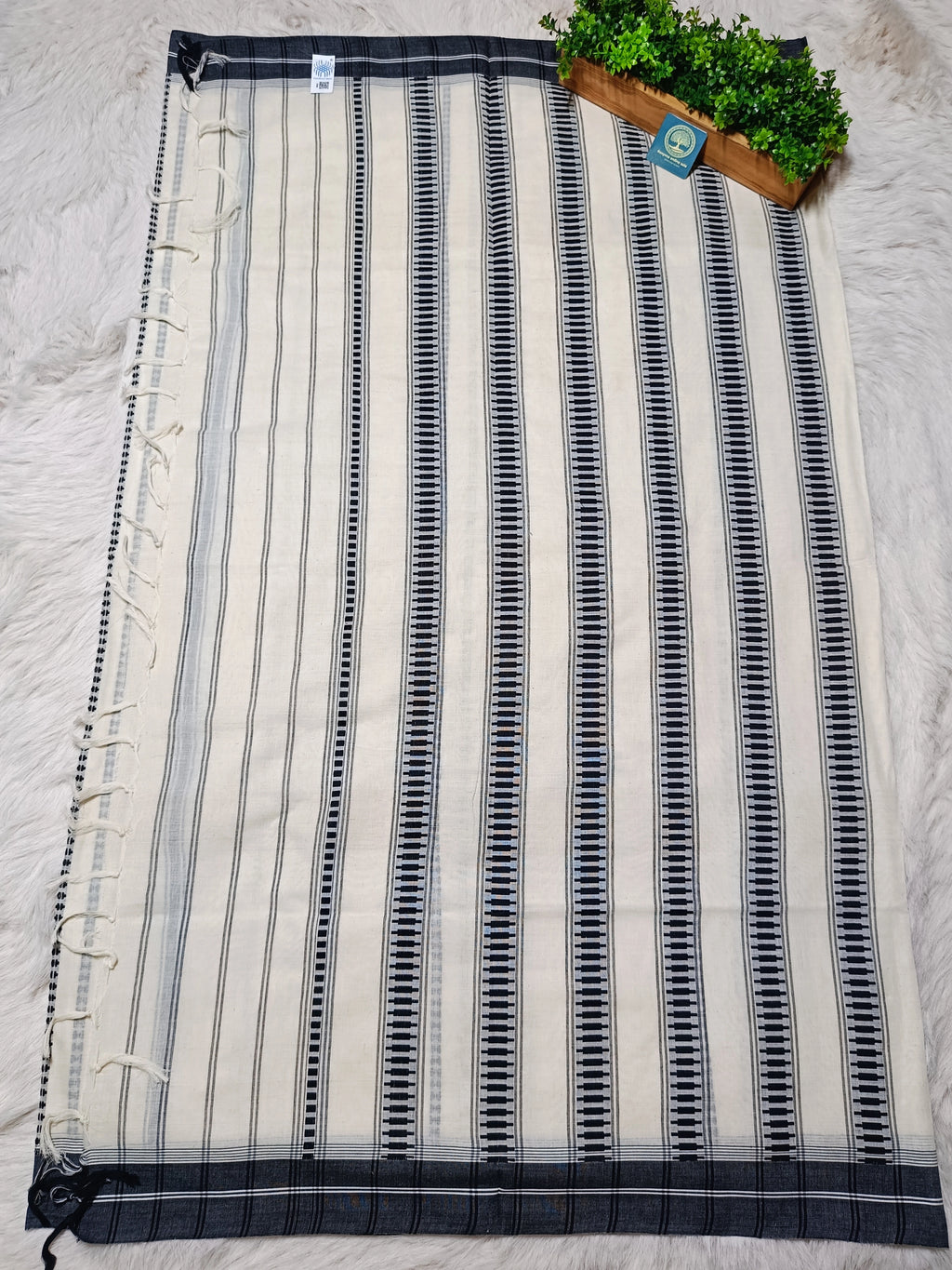 Classic Off-White Begumpur Handwoven Cotton Saree with Black Stripes & Contrast Border | Bengal Handloom Saree
