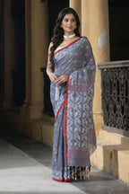 Cotton Tant Jamdani Saree with Blouse Piece – Handwoven Bengal Tant Saree in Grey with Geometric Motifs