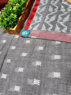 Cotton Tant Jamdani Saree with Blouse Piece – Handwoven Bengal Tant Saree in Grey with Geometric Motifs