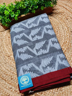 Cotton Tant Jamdani Saree with Blouse Piece – Handwoven Bengal Tant Saree in Grey with Geometric Motifs