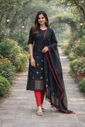 Black Jamdani Woven Cotton Unstitched Dress Material Set with Dupatta