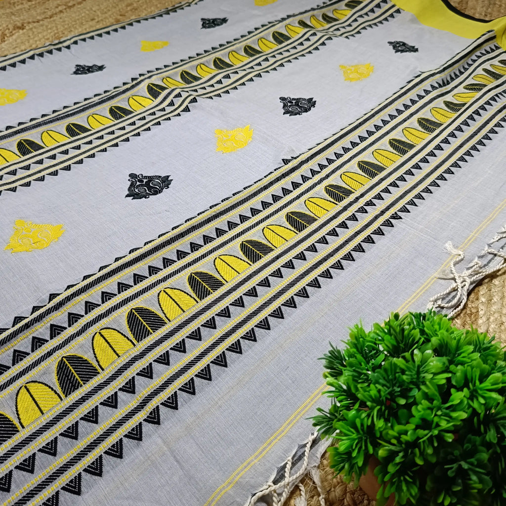 Elegant Grey Pure Cotton Handwoven Dola Bedi Jamdani Saree with Black & Yellow Traditional Motifs