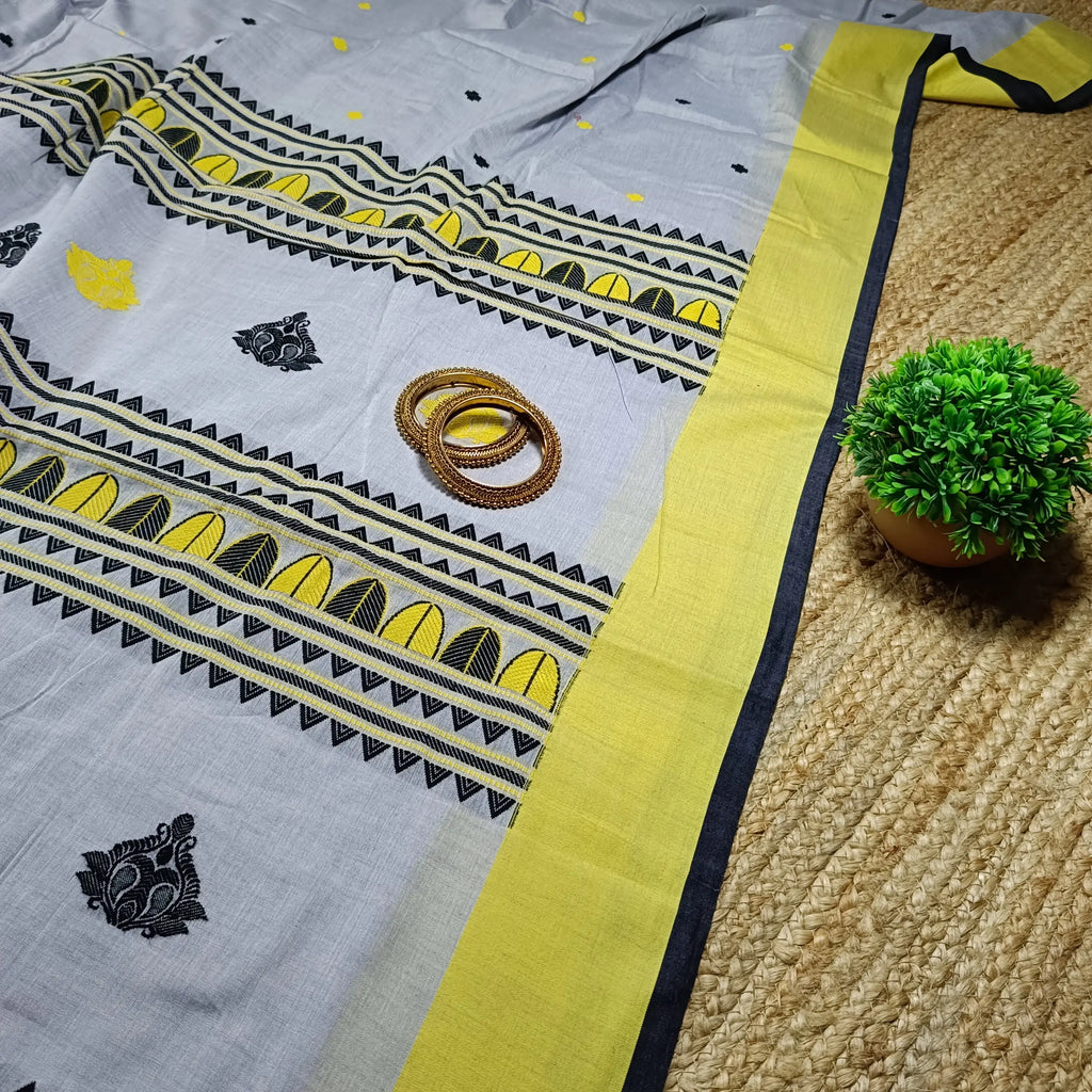 Elegant Grey Pure Cotton Handwoven Dola Bedi Jamdani Saree with Black & Yellow Traditional Motifs