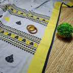 Elegant Grey Pure Cotton Handwoven Dola Bedi Jamdani Saree with Black & Yellow Traditional Motifs