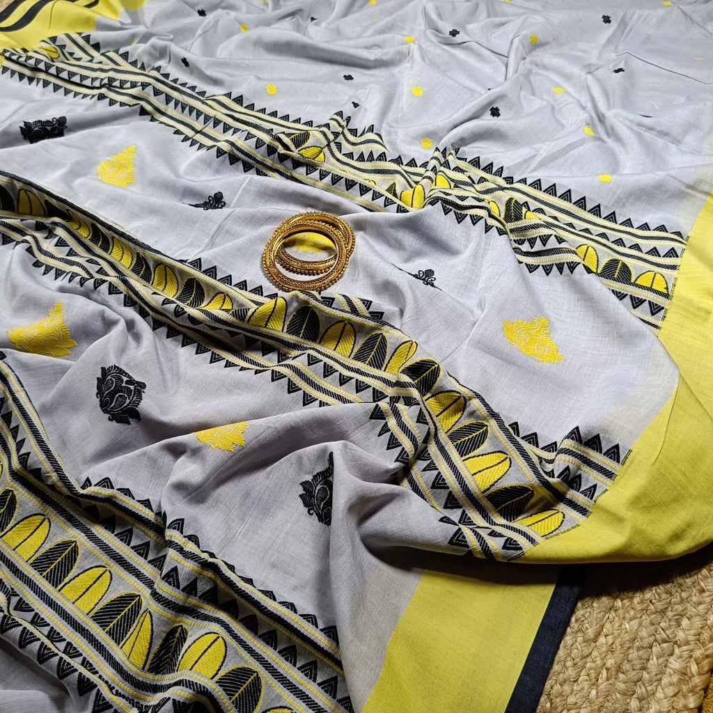 Elegant Grey Pure Cotton Handwoven Dola Bedi Jamdani Saree with Black & Yellow Traditional Motifs