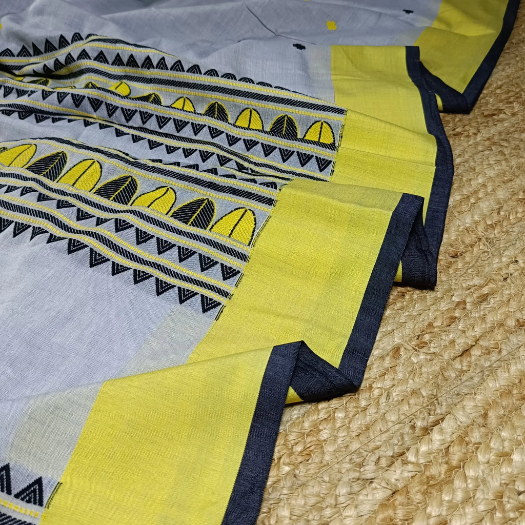 Elegant Grey Pure Cotton Handwoven Dola Bedi Jamdani Saree with Black & Yellow Traditional Motifs