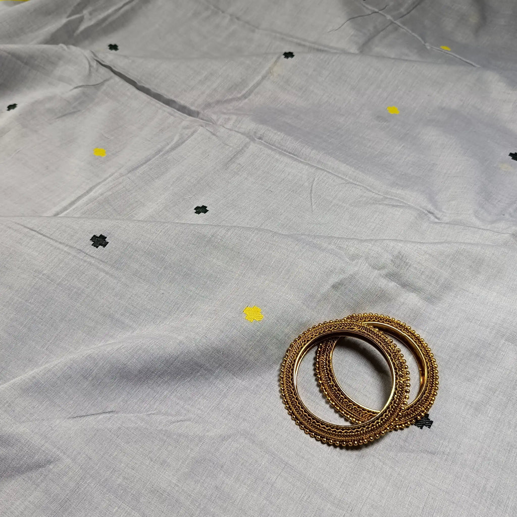 Elegant Grey Pure Cotton Handwoven Dola Bedi Jamdani Saree with Black & Yellow Traditional Motifs