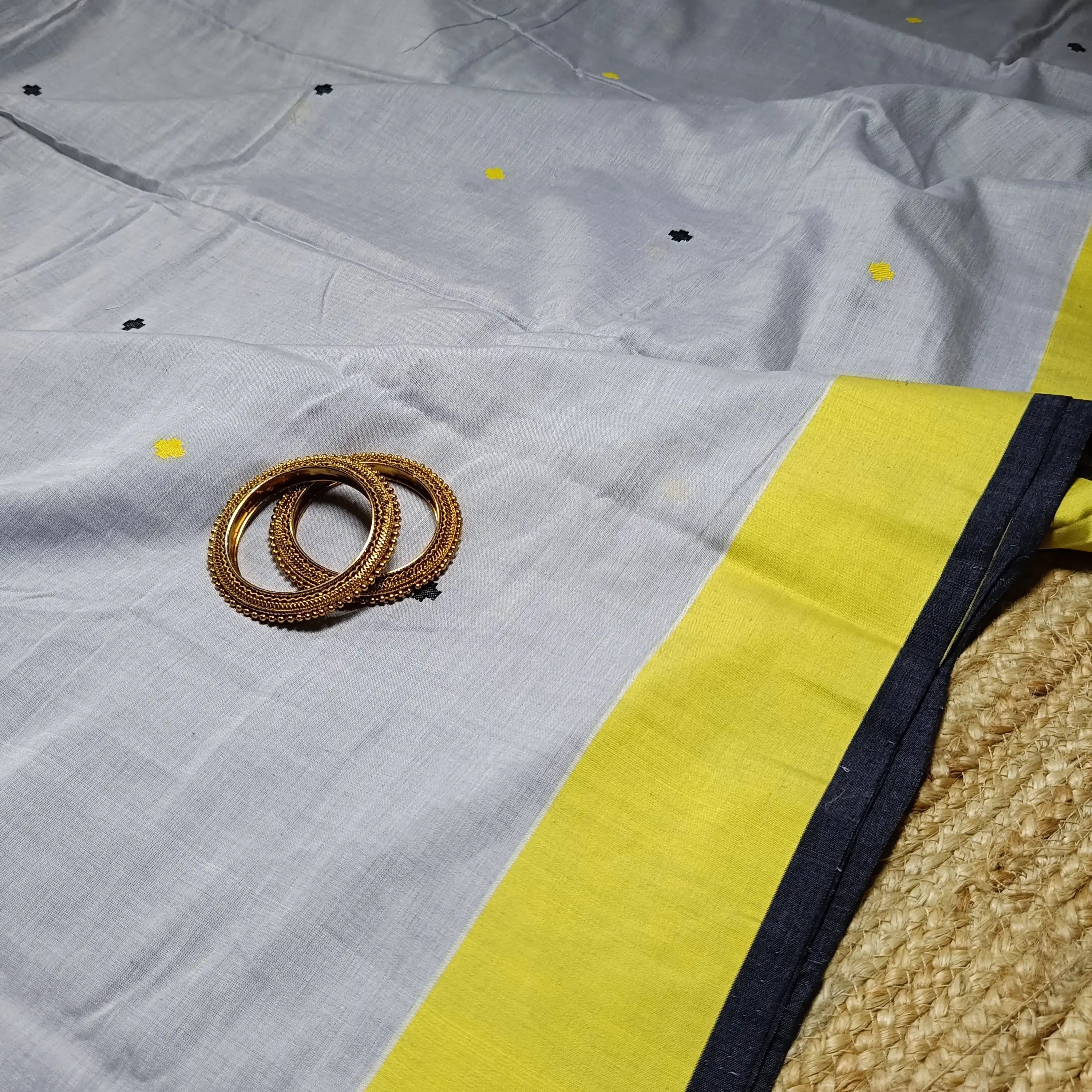 Elegant Grey Pure Cotton Handwoven Dola Bedi Jamdani Saree with Black & Yellow Traditional Motifs