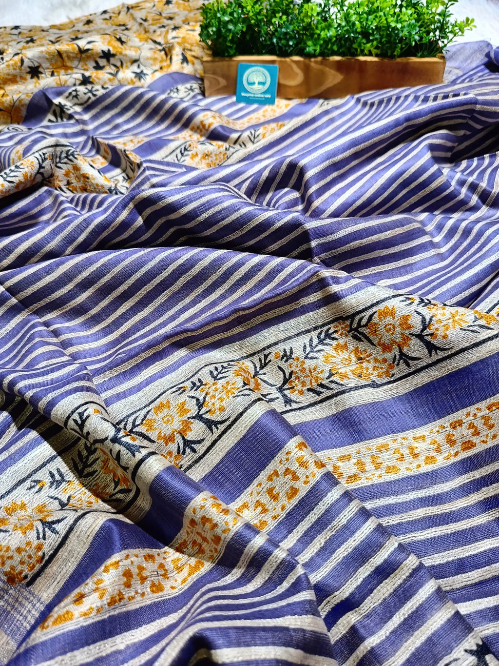 Elegant Lavender Tusser Gicha Silk Saree with Floral Border & Running Contrast Blouse Piece