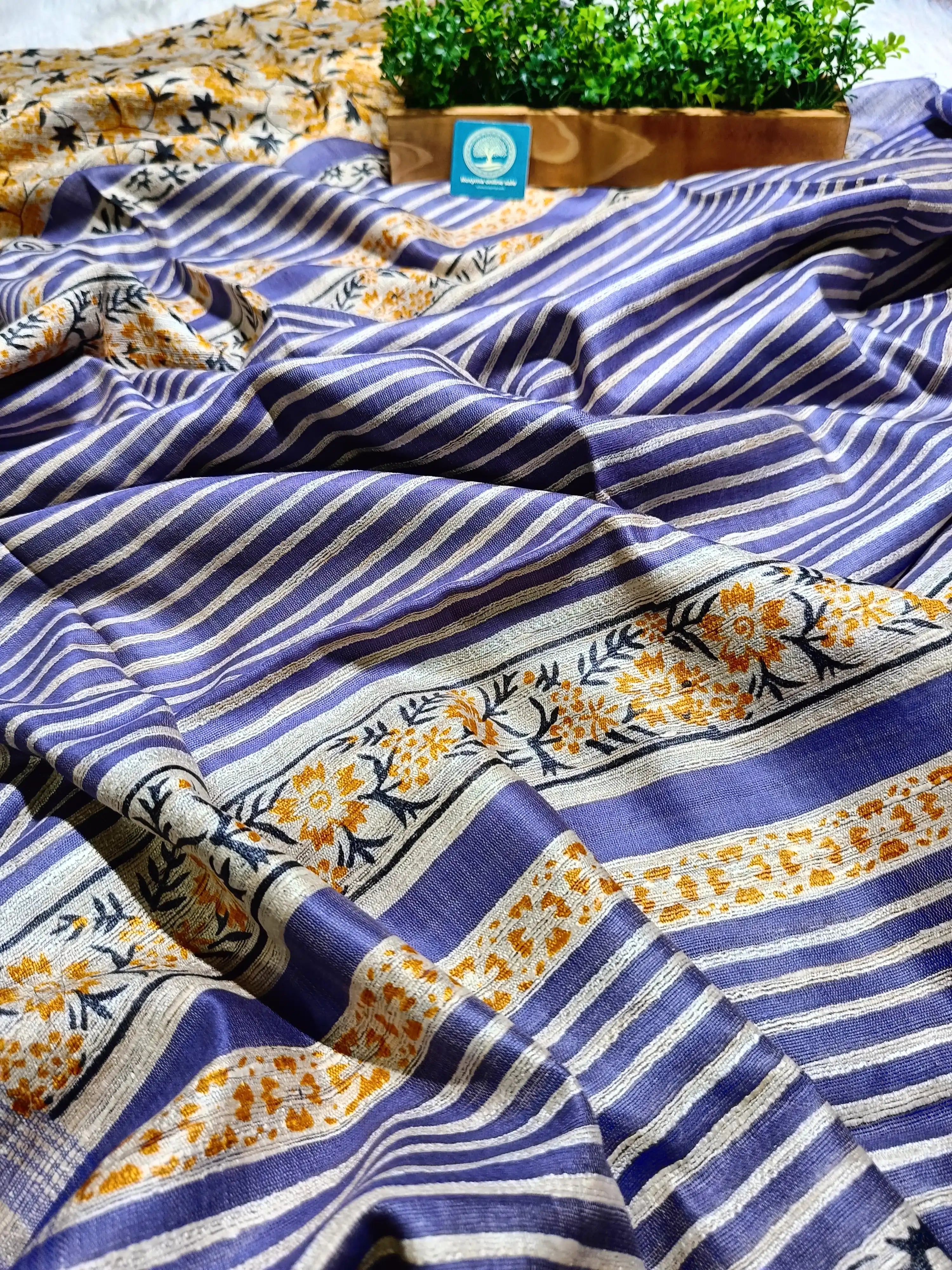 Elegant Lavender Tusser Gicha Silk Saree with Floral Border & Running Contrast Blouse Piece
