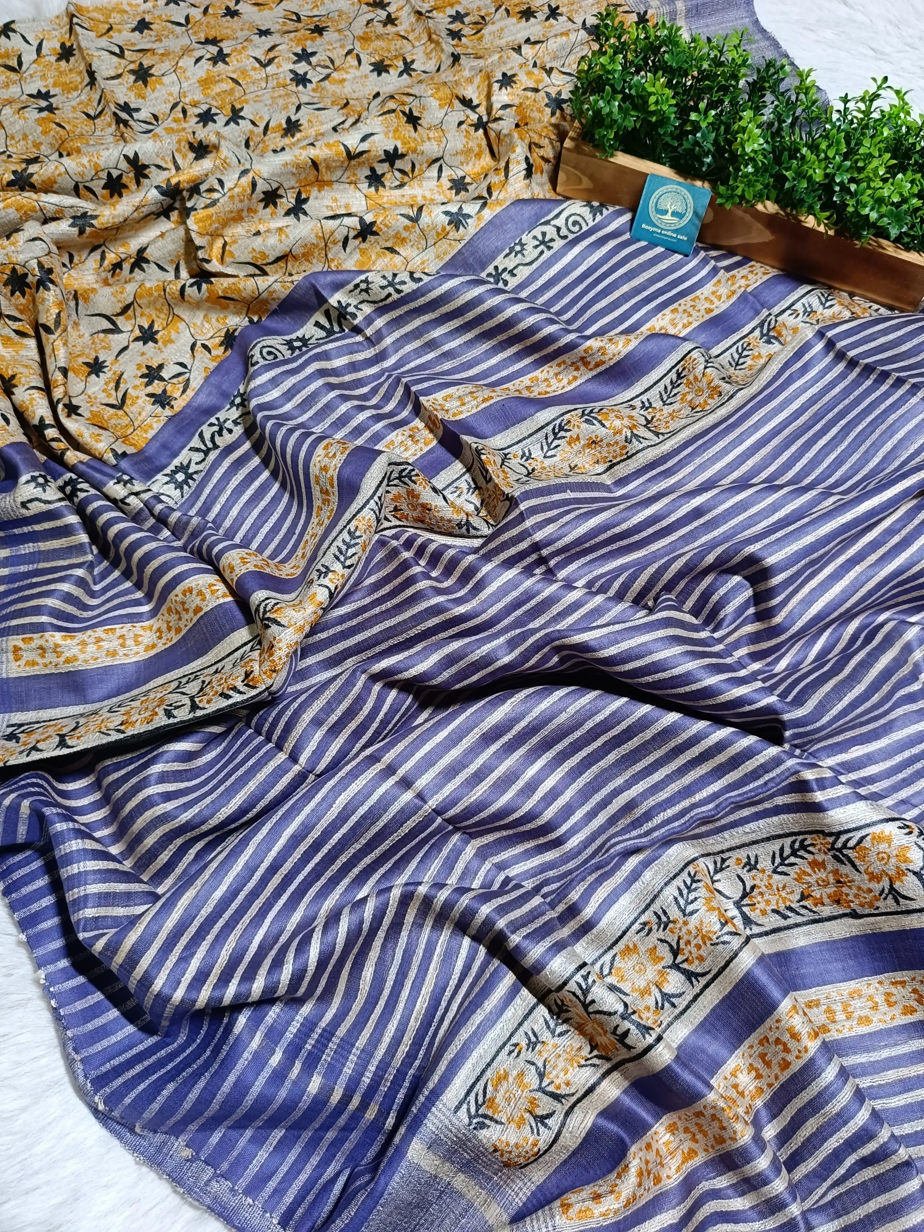 Elegant Lavender Tusser Gicha Silk Saree with Floral Border & Running Contrast Blouse Piece