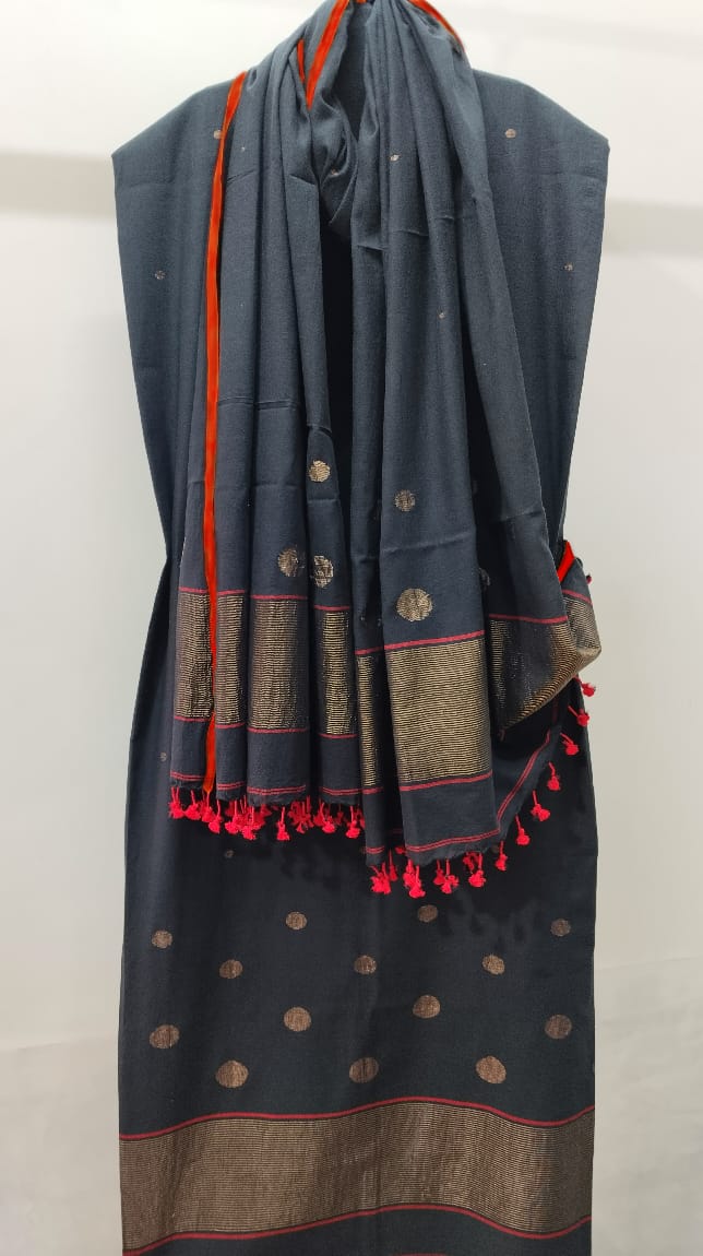 Black Jamdani Woven Cotton Unstitched Dress Material Set with Dupatta