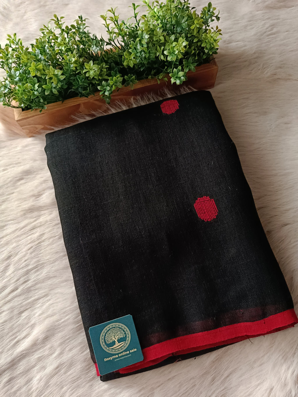 Premium Jaishree Black Linen Jamdani Saree with Red Polka Dot Buti and Contrast Border | Handloom Linen Saree with Running Blouse Piece